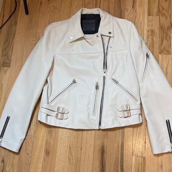 All Saints Jackets & Blazers - AllSaints Women’s Ivory Leather Motorcycle Biker Jacket with Black Lining 12
